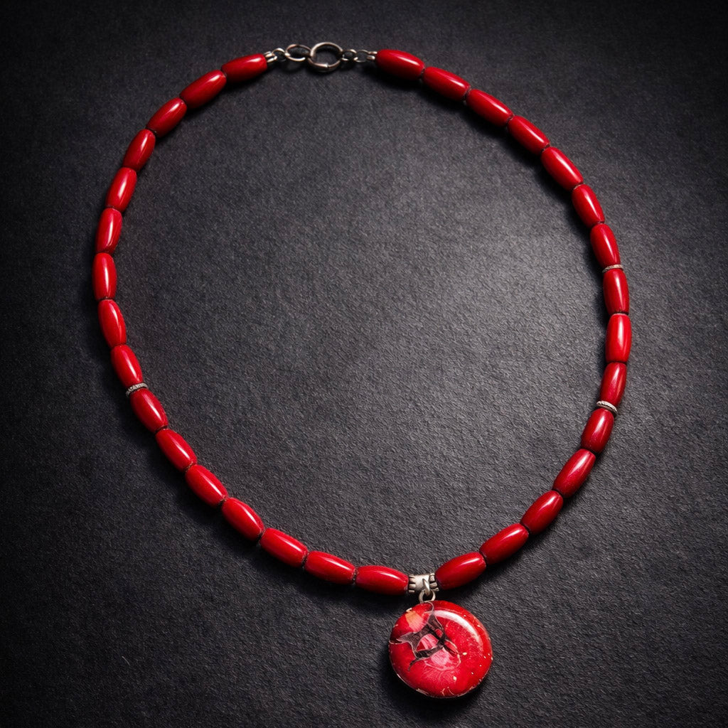 Red Coral & Sterling Silver Pendant Necklace