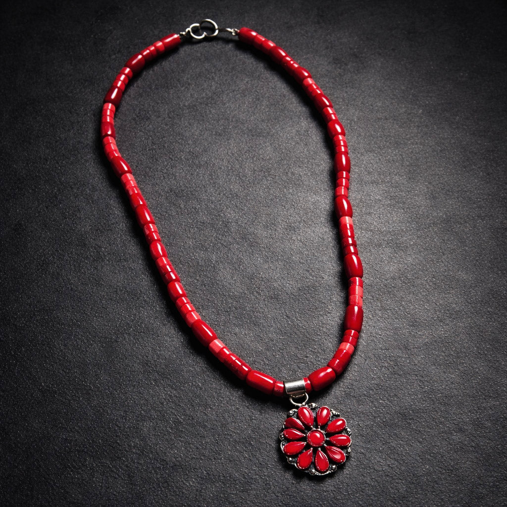 16" Red Coral with a Sterling Silver and Red Coral Pendant