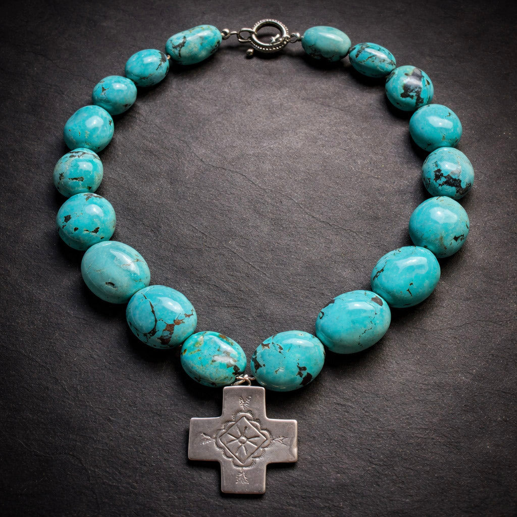 18" Turquoise with a Sterling Cross Pendant from New Mexico