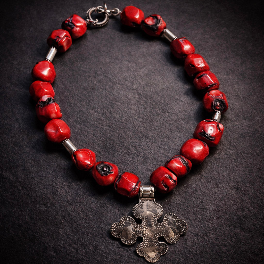 18" Red Coral with Sterling Silver Tubes and Cross