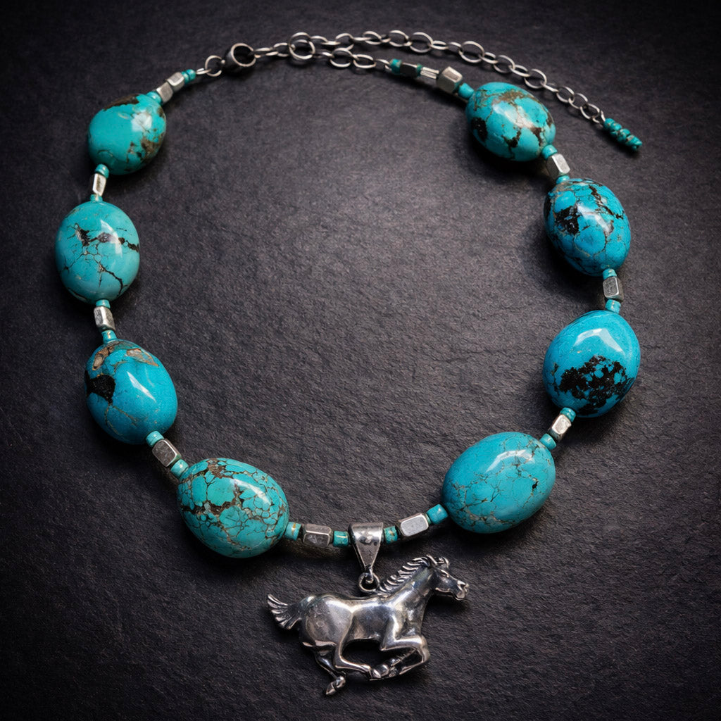24" Large Turquoise Beads with Smaller Turquoise and Sterling Silver with Sterling Silver Horse