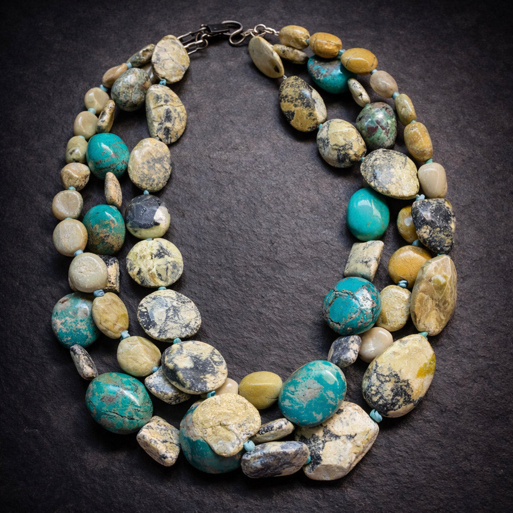 18" Triple Strand of Yellow and Blue Turquoise, A Real Head Turner