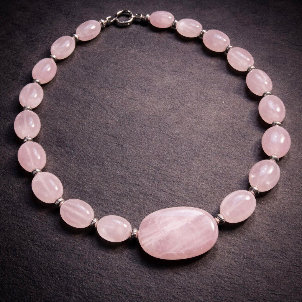 16" Pale Pink Rose Quartz with Sterling Silver