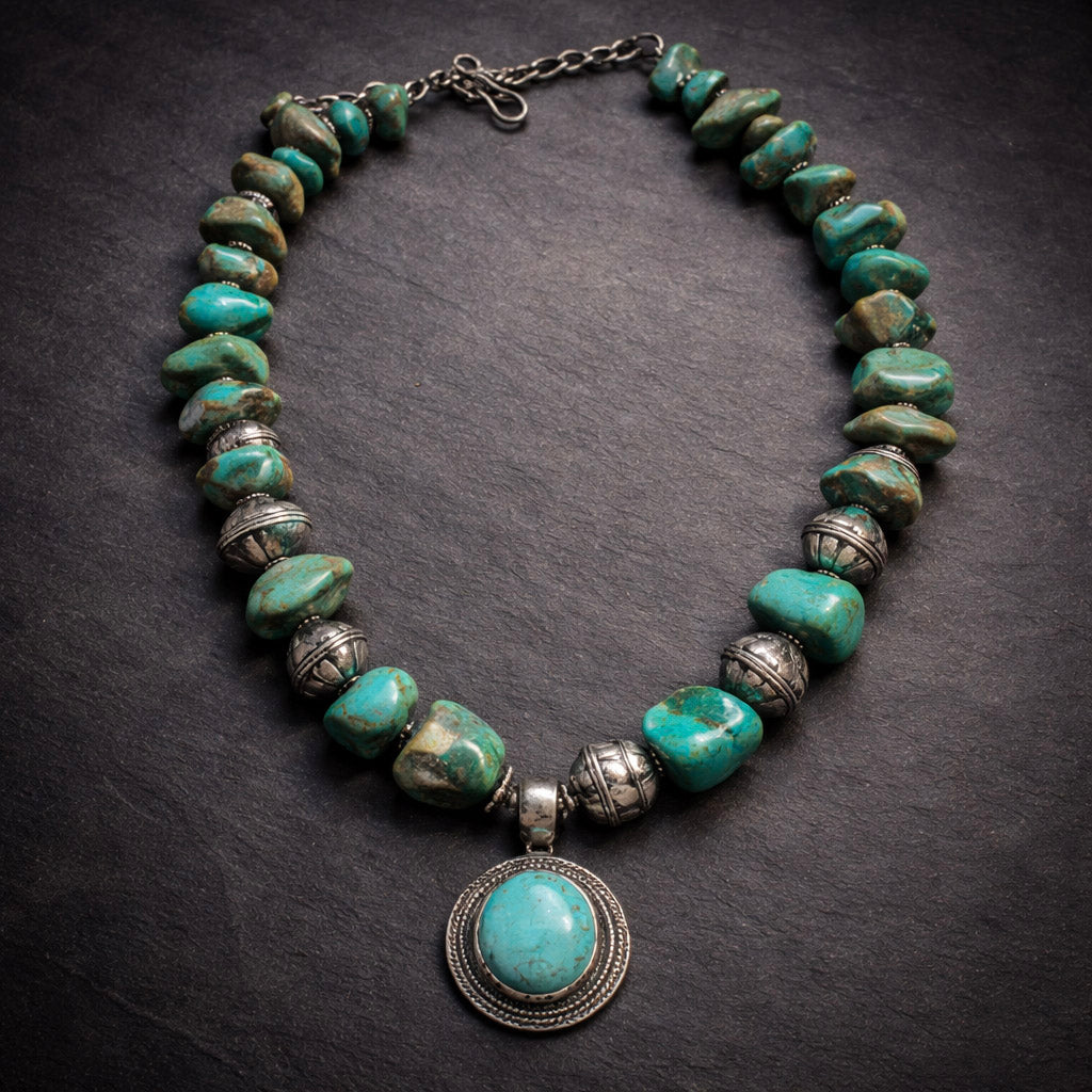 18" Turquoise with Sterling Silver Intricate Round Beads. The Turquoise and Sterling Pendant is Removable