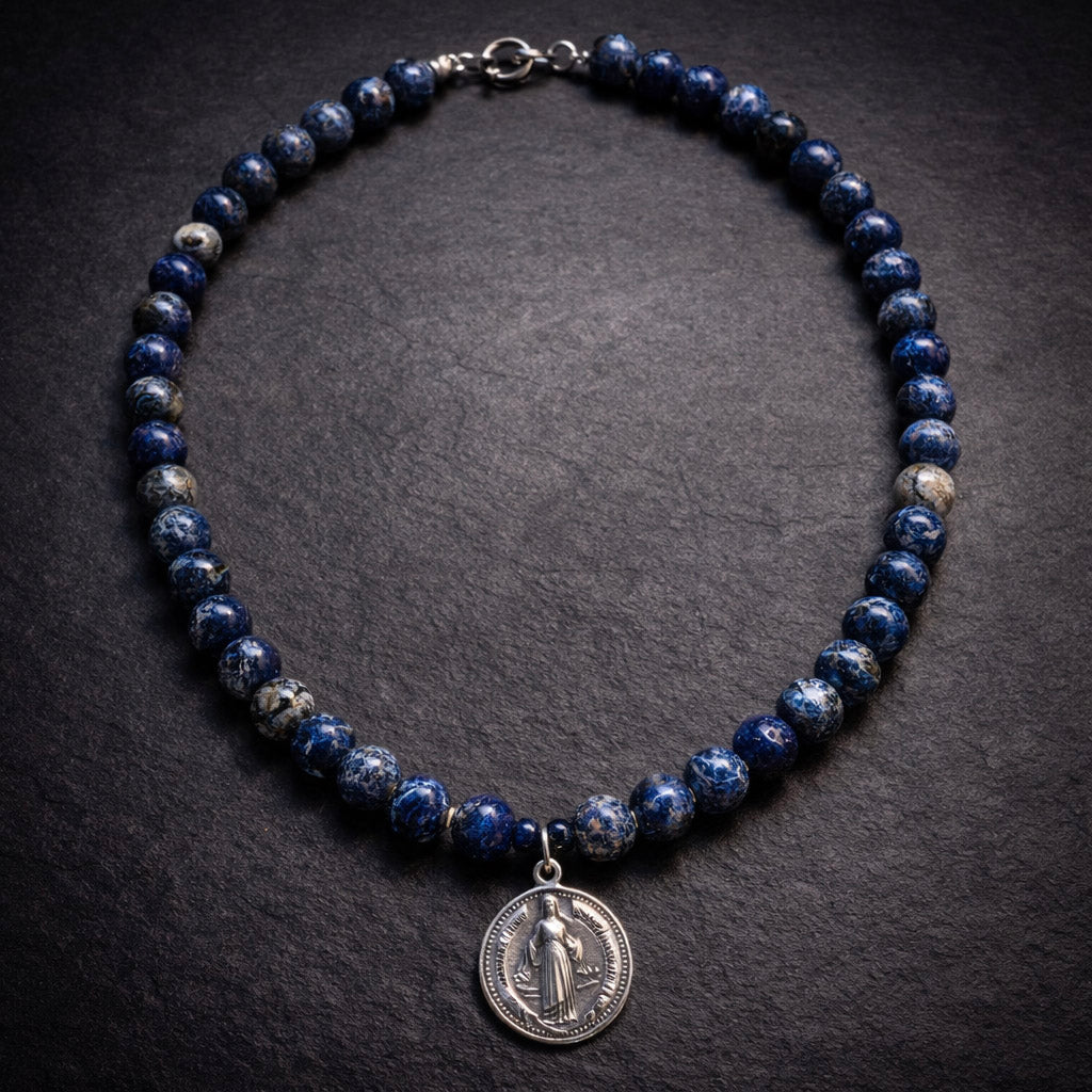 16" Lapis with Sterling Silver Beads and a Religious Pendant from San Miguel Mexico