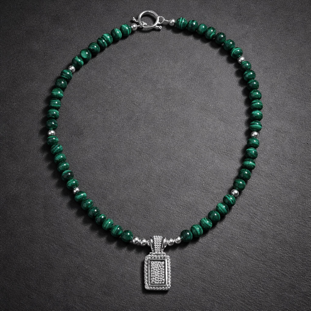 18" Malachite with Sterling Silver Beads and Pendant