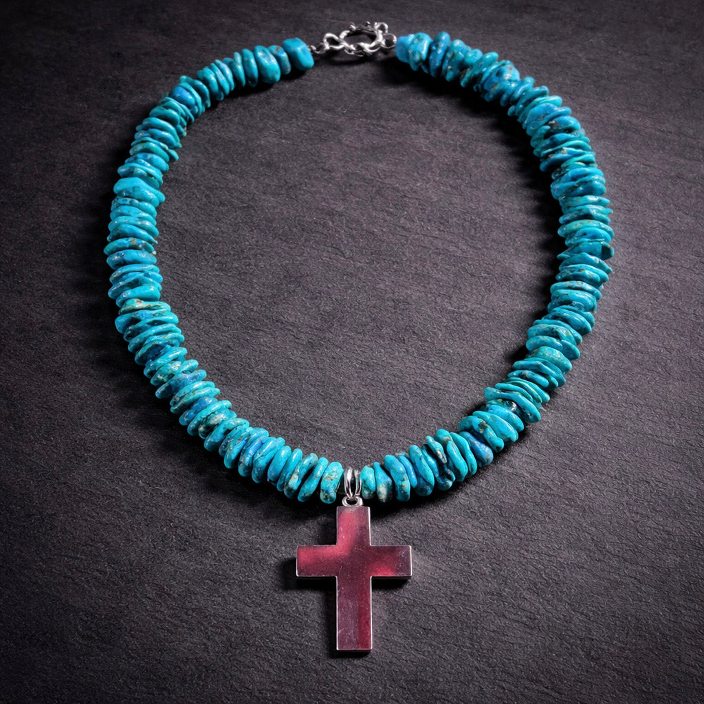 17" Sleeping Beauty Turquoise with a Sterling Silver Cross