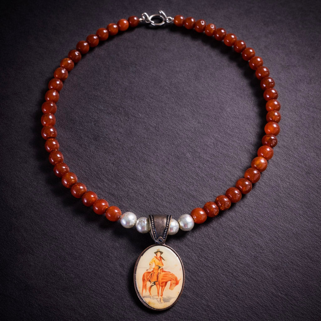 16" Carnelian with Sterling Silver Beads and a Cowgirl Pendant