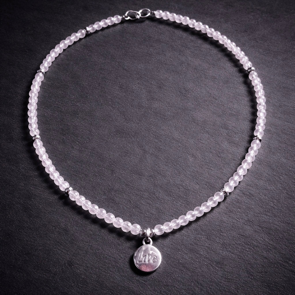 16" Pale Rose Quartz with a Sterling Love Pendant