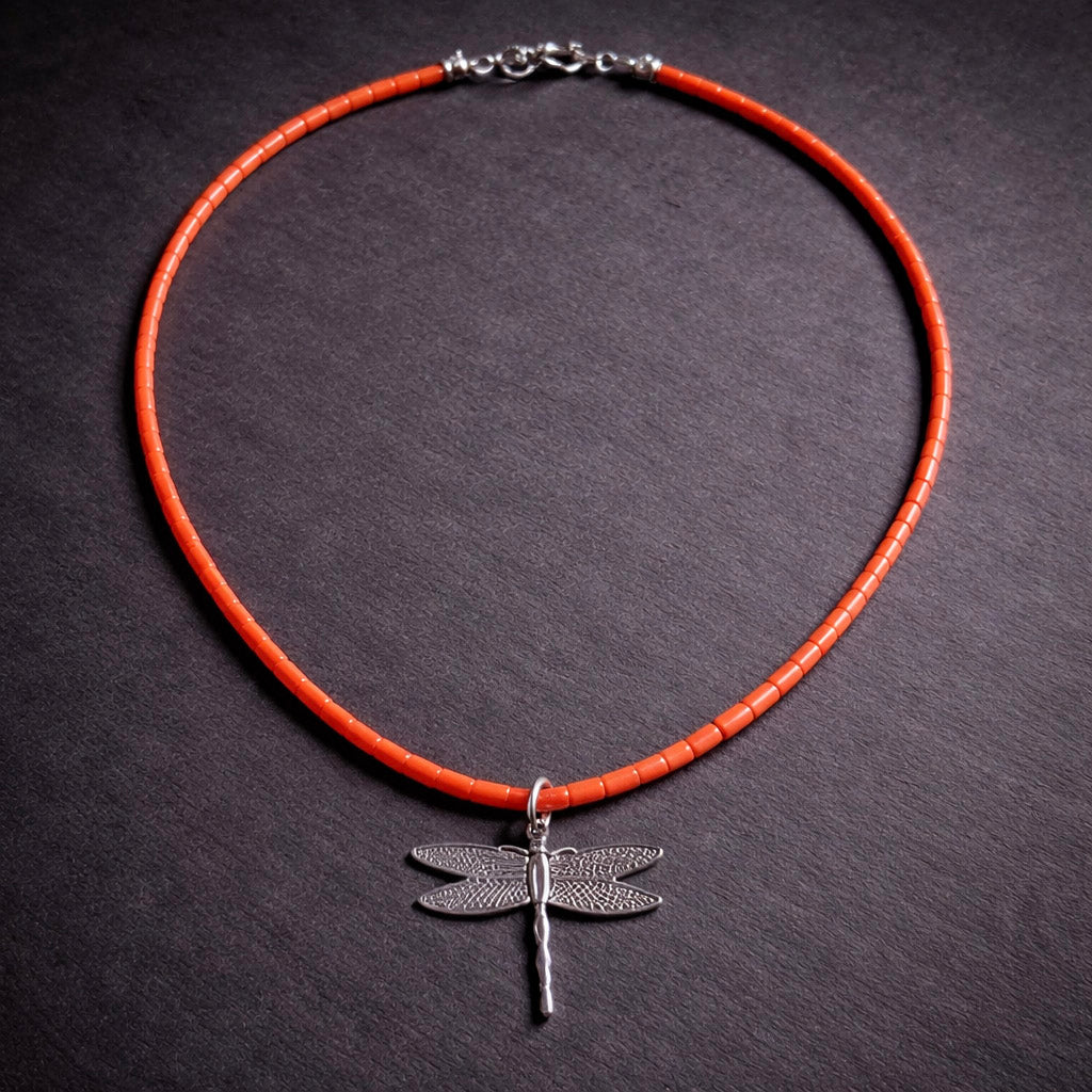 17" Red Coral Tubes with a Dandelion Pendant