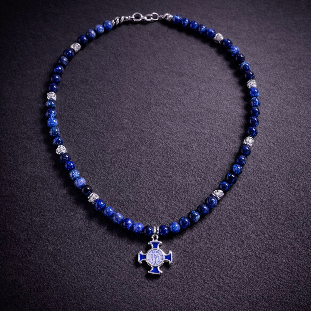 17" Lapis with Sterling Silver Beads and a Cross from San Miguel Mexico