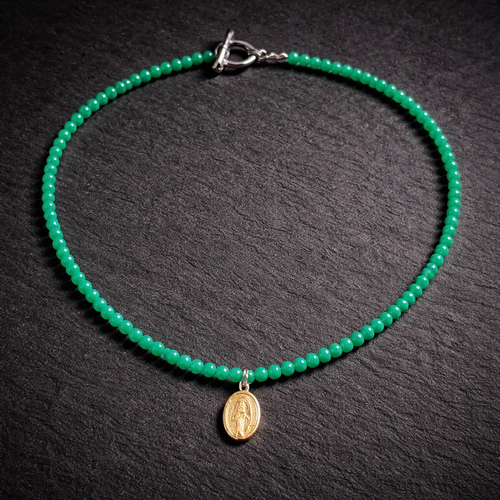 17" Green Gemstones with a Religious Pendant from San Miguel Mexico