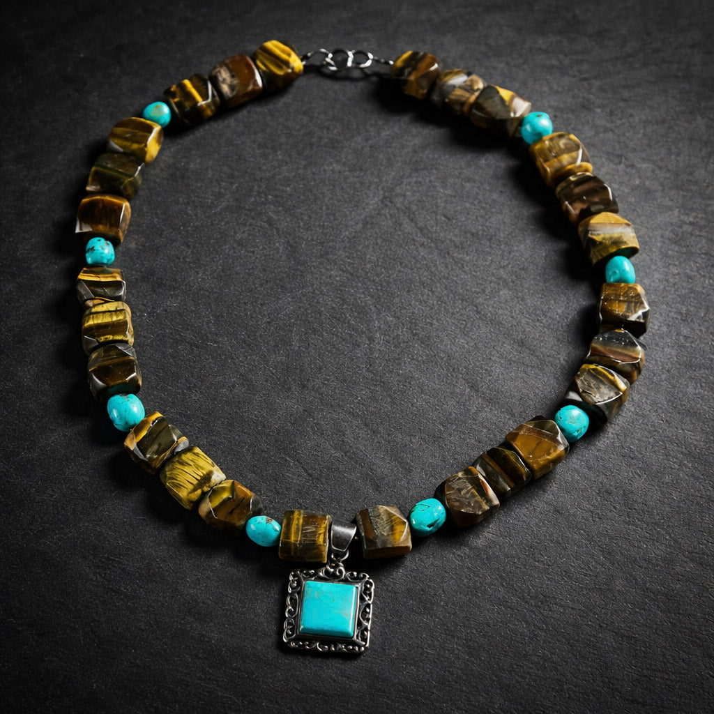 18" Tigers Eye with Turquoise and a Turquoise and Sterling Silver Pendant