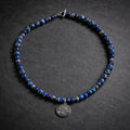 15" Lapis with Bali Beads and Religious Medallion from San Miguel Mexico
