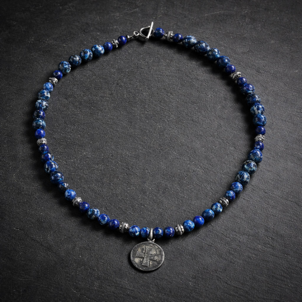 15" Lapis with Bali Beads and Religious Medallion from San Miguel Mexico