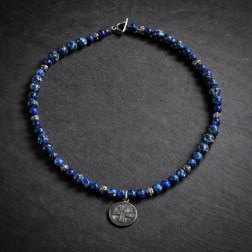 15" Lapis with Bali Beads and Religious Medallion from San Miguel Mexico