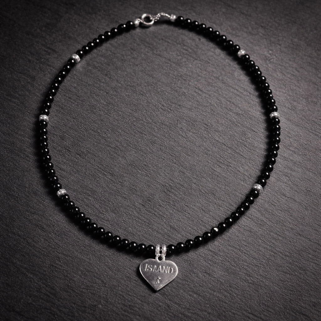 16" Black Onyx with Sterling Silver Spacers and a Sterling Silver Band Pendant