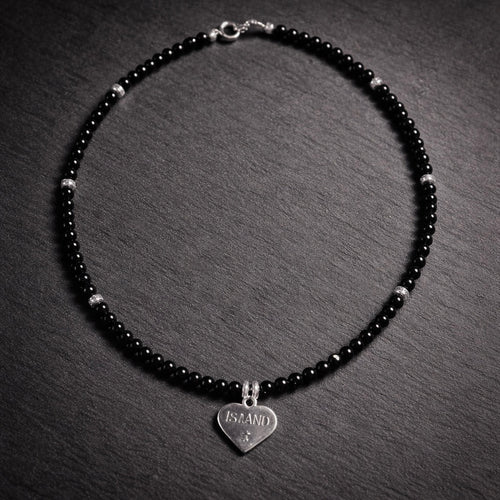16" Black Onyx with Sterling Silver Spacers and a Sterling Silver Band Pendant