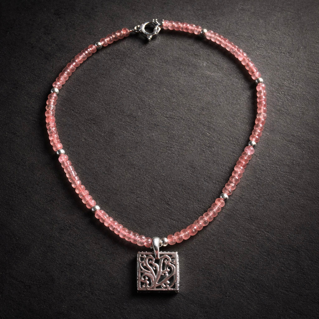 16" Pink Quartz with Silver Beads and a Sterling Pendant