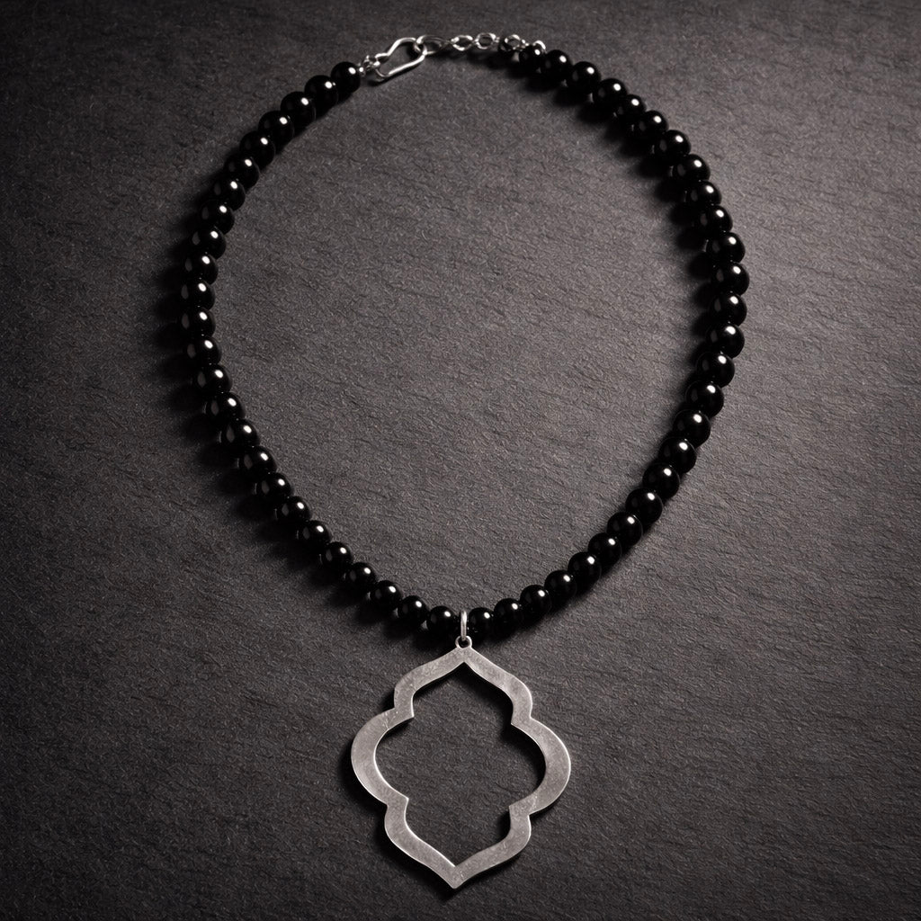 16" Black Onyx with a Metal Pendant
