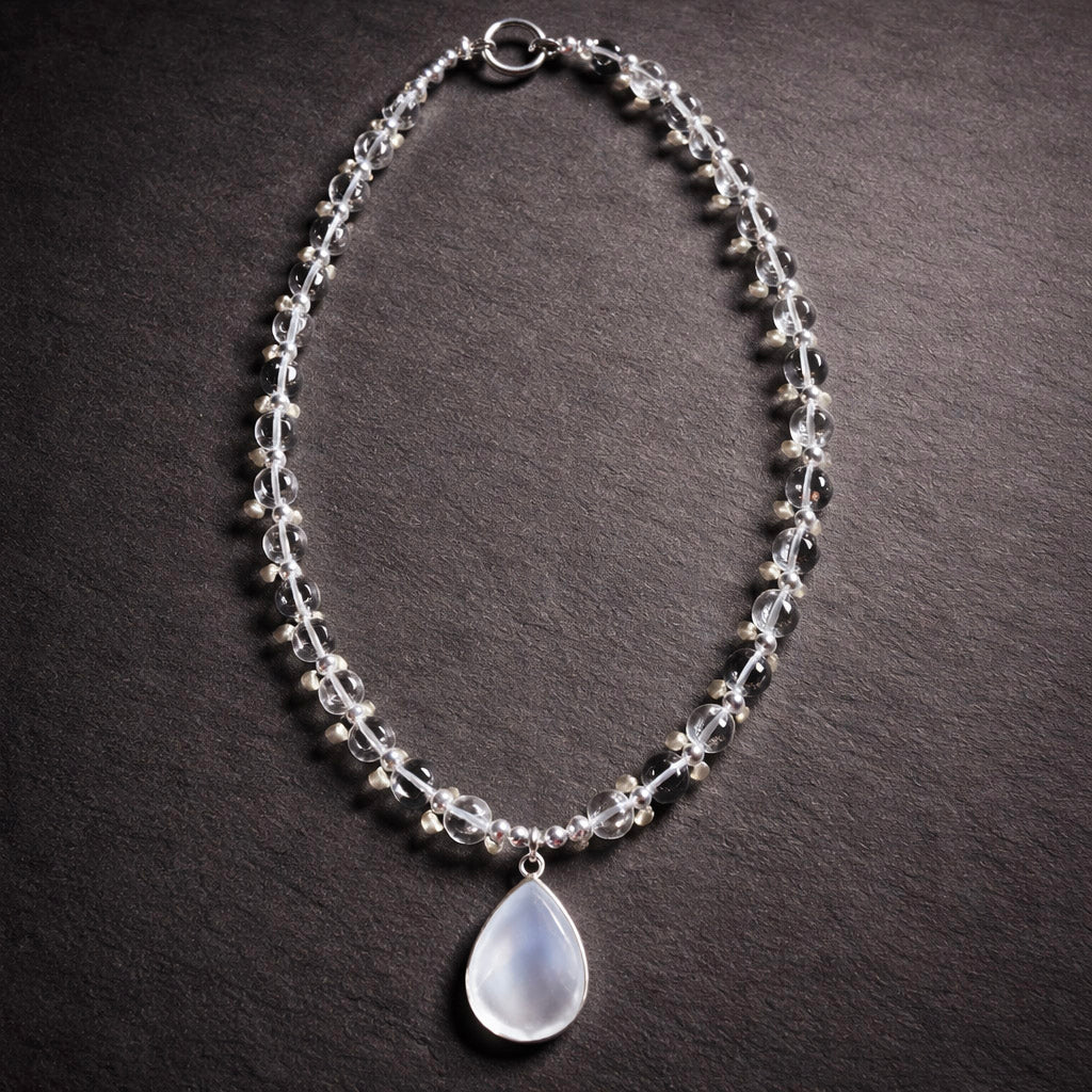 17" Clear Quartz with Sterling Silver Beads and a Quartz Pendant
