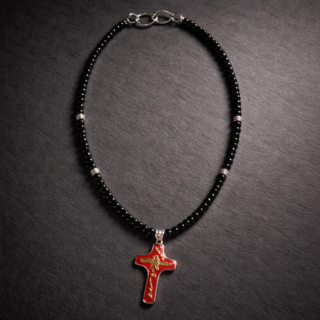 15" Black Onyx with Sterling Beads and a Cross from San Miguel