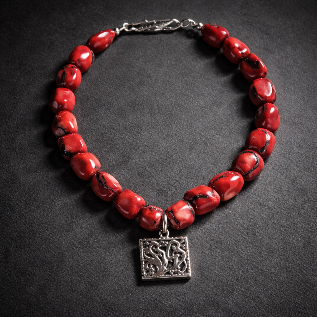 16" Red Coral with a Silver Pendant