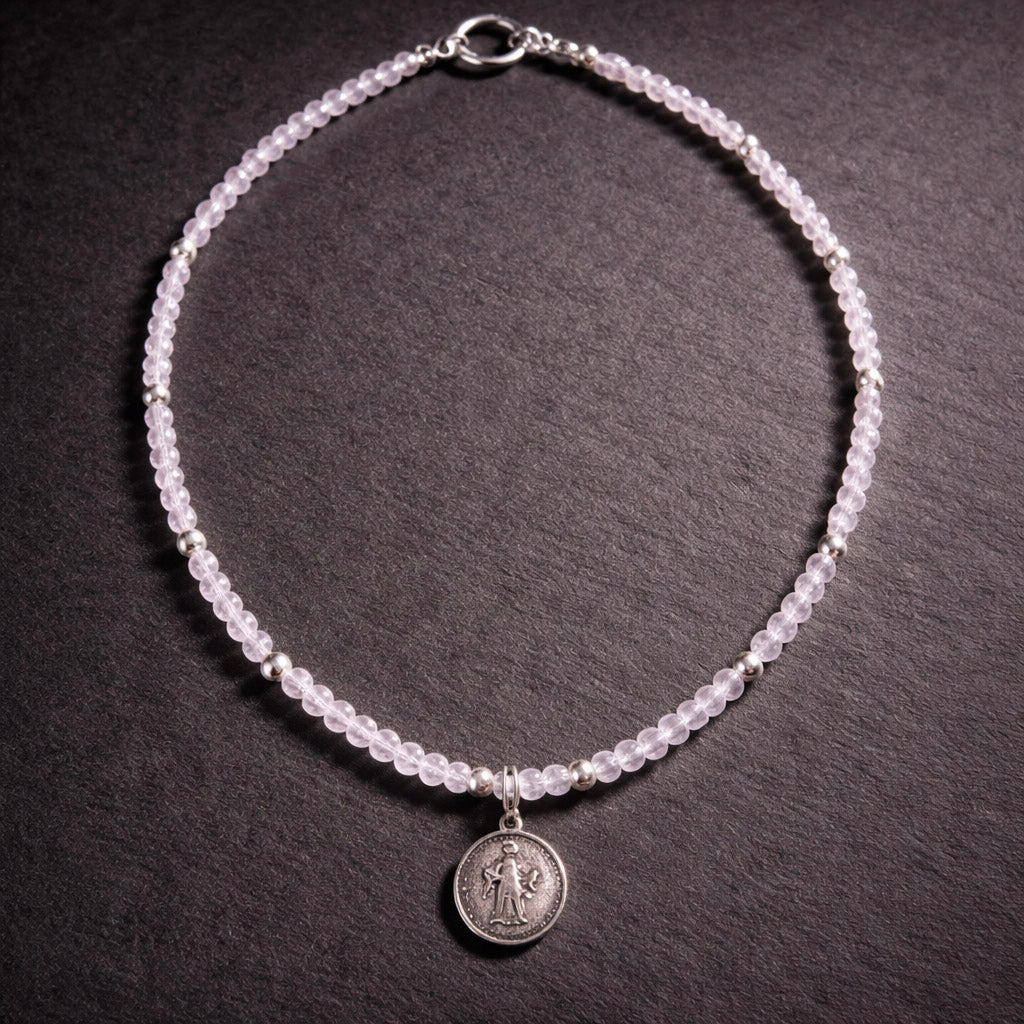 17" Pale Pink Quartz with Sterling Silver Beads and a Religious Medallion
