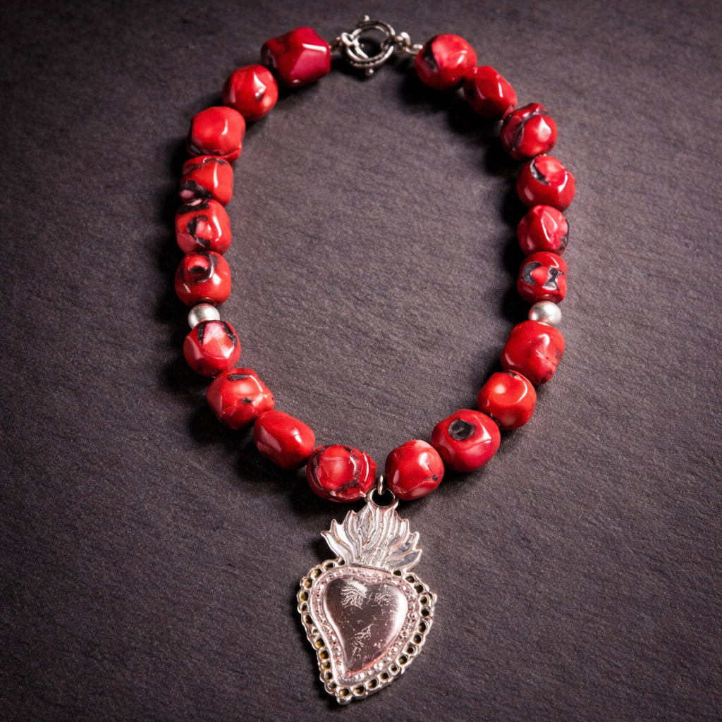 17" Red Coral with a Metal Heart Pendant from San Miguel