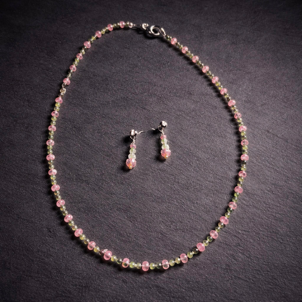 25" Pink Quartz with Peridot. Earrings Included.
