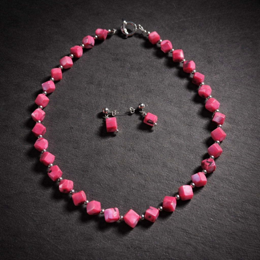 19" Pink Magnesite with Sterling Silver Beads with Earrings