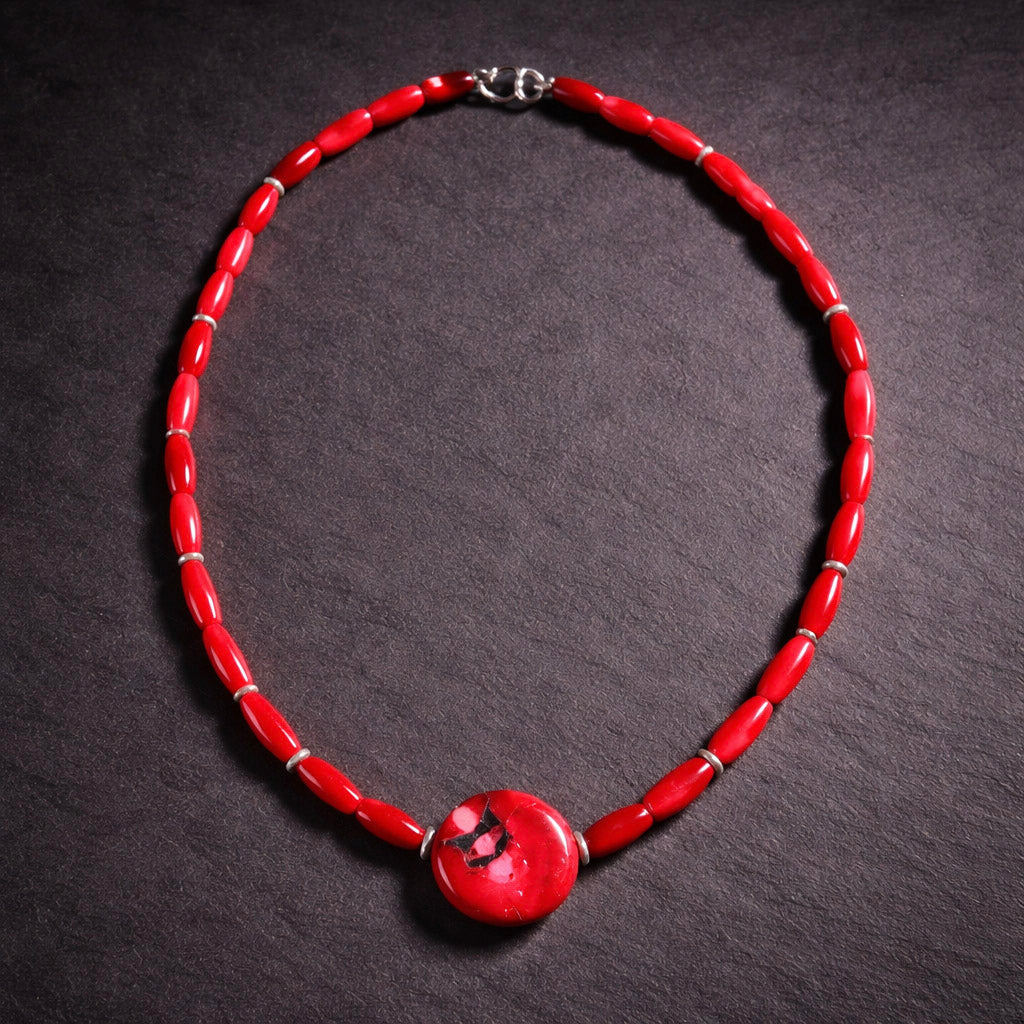 17" Red Coral with Sterling Silver Spacers with a Larger Red Coral Stone Accent