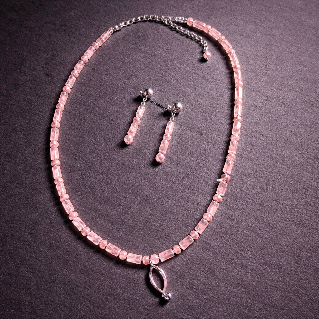 22" Pink Quartz with a Sterling Silver Pendant and Matching Earrings