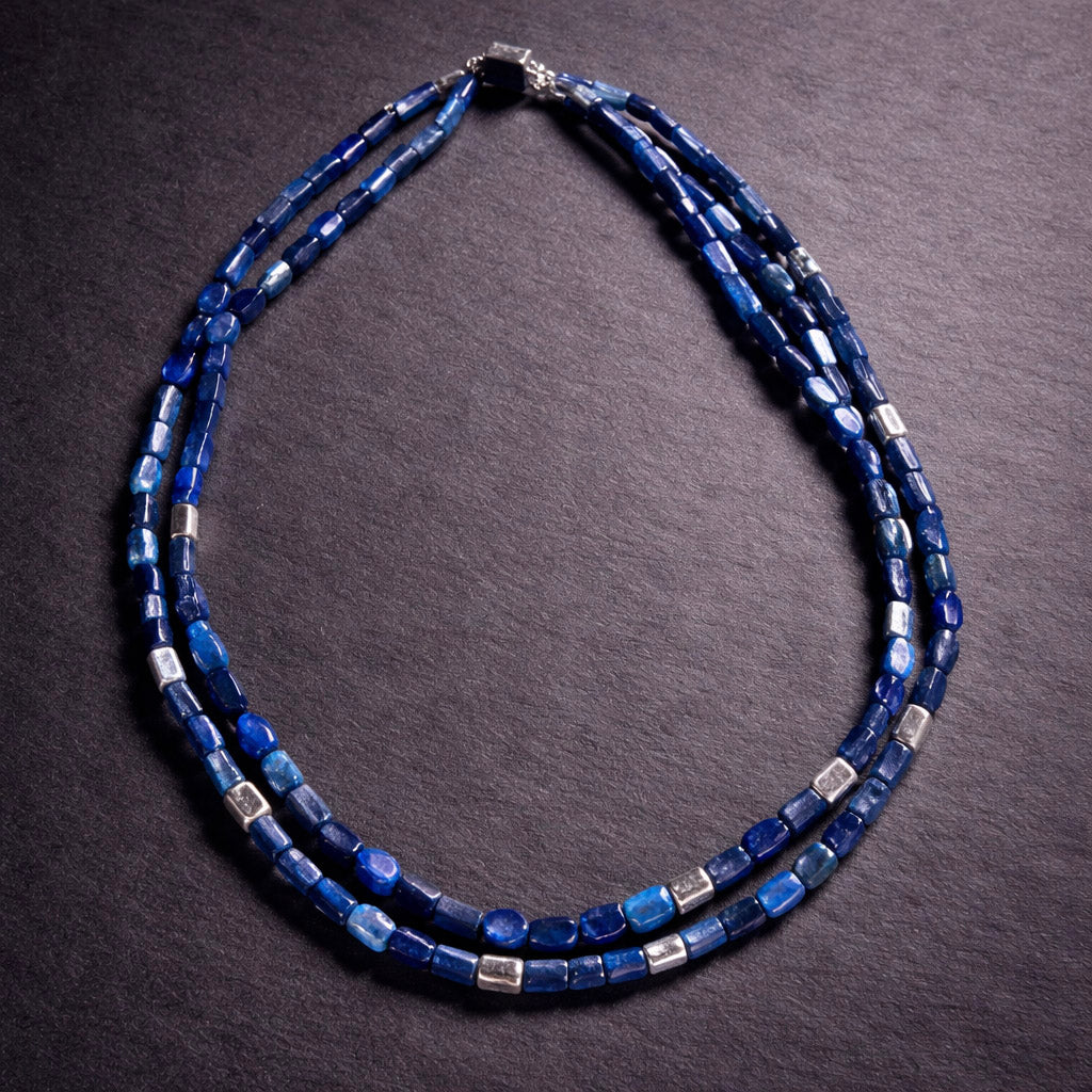 18" Lapis and Square Silver Beads