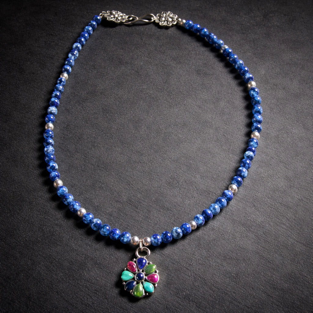 17" Lapis with Sterling Silver Beads and a Multi Stone Pendant