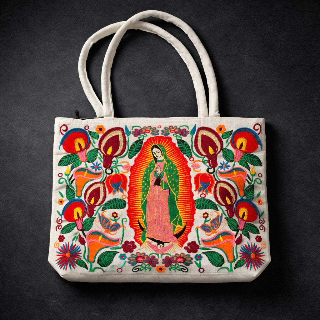 18" W x 14" Tall Embroidered Virgin de Guadalupe Tote Bag