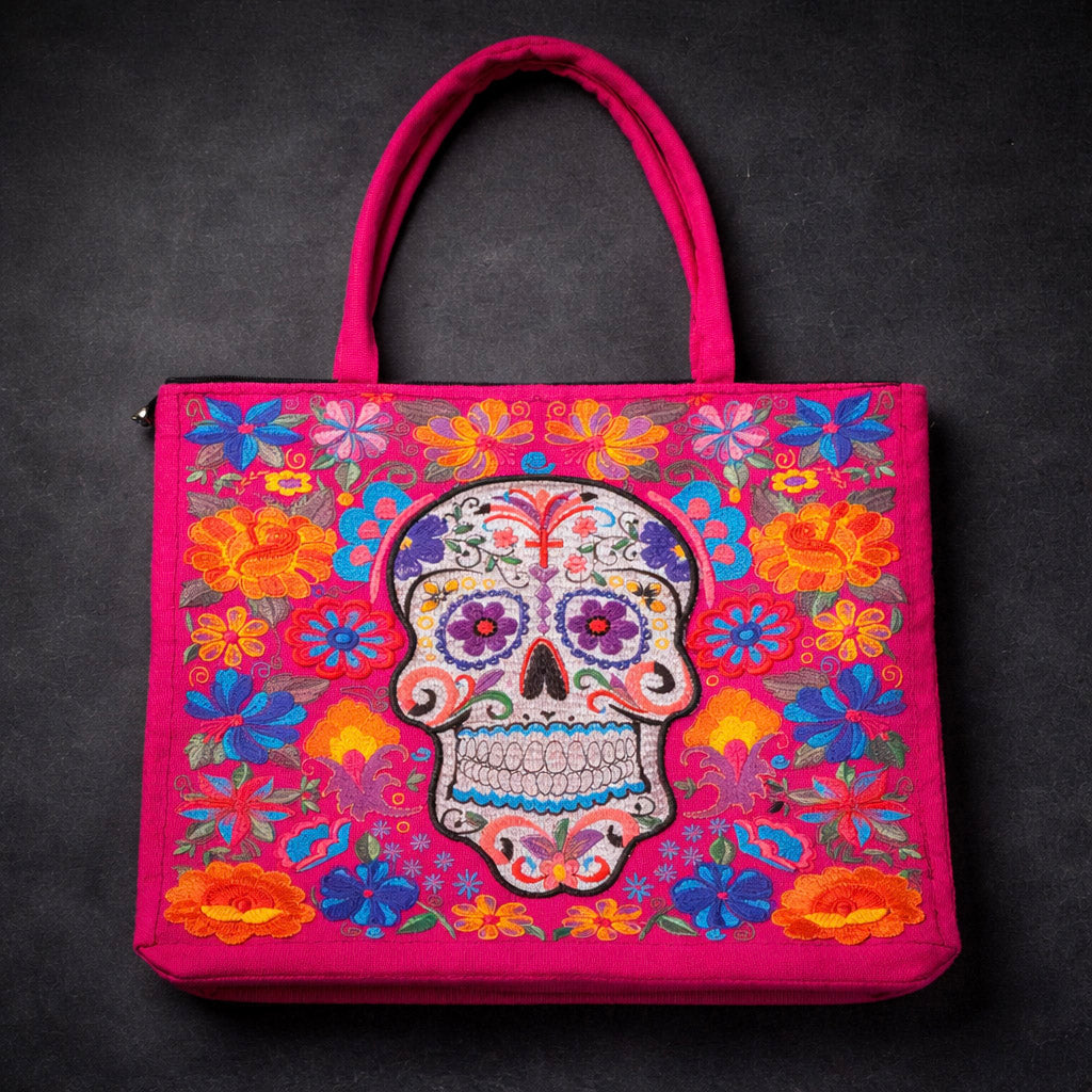 18" W by 14" Tall Embroidered Skull Tote Bag